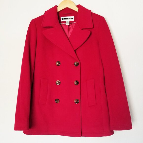 Kristen Blake Women’s M Red Wool Blend Double Breasted Pea Coat Classic Holiday - Picture 1 of 16